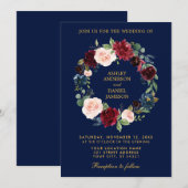 Invitation Couronne florale Bourgogne Mariage bleu or B (Devant / Derrière)