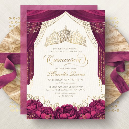 Invitation Couronne Florale Bourgogne moderne Quinceanera