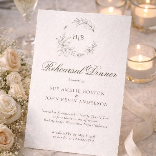 Invitation Couronne Florale Classique Monogramme Mariage