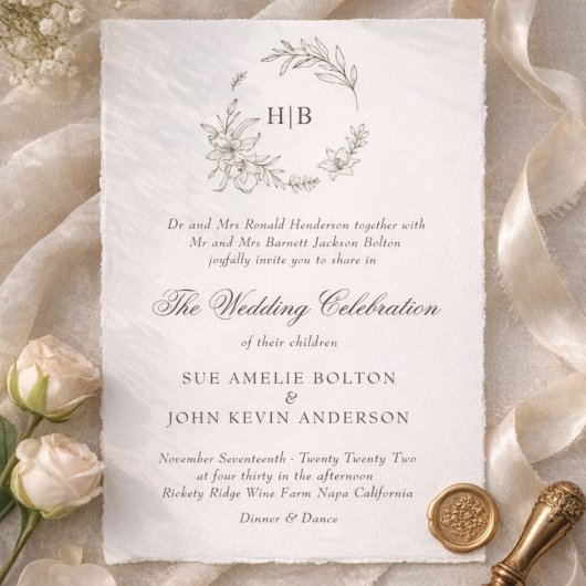 Invitation Couronne Florale Classique Monogramme Mariage