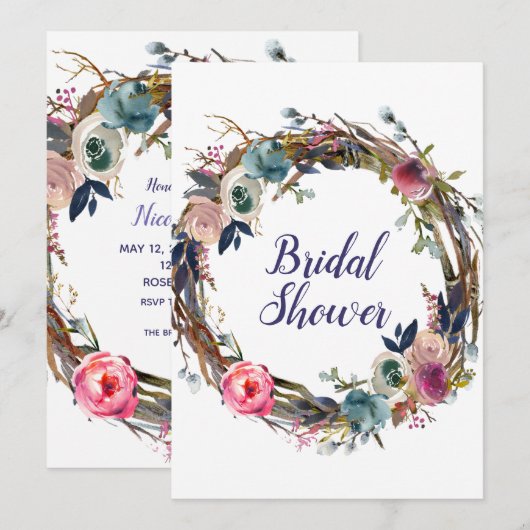 Invitation Couronne florale de bâtons rustiques Mariage moder (Devant / Derrière)