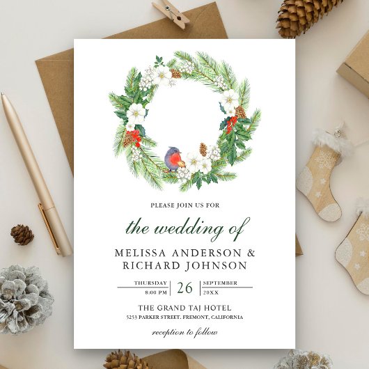Invitation Couronne florale de feuilles de pin rustique pour 