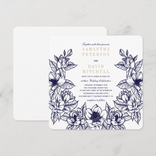 Invitation Couronne florale de Magnolia | Bleu & Or | MARIAGE (Devant / Derrière)