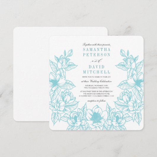 Invitation Couronne florale de Magnolia | bleu pâle | MARIAGE (Devant / Derrière)