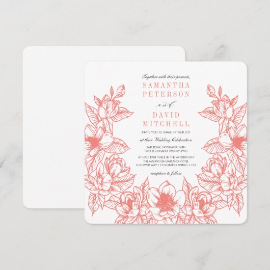 Invitation Couronne florale de Magnolia | Corail | MARIAGE (Devant / Derrière)