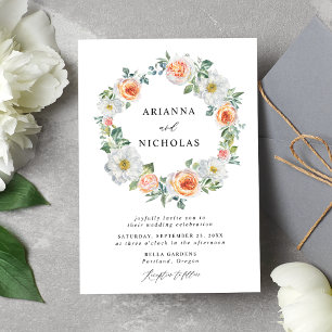 Invitation Couronne florale de mariage à l'aquarelle pêche et