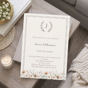 Invitation Couronne florale de monogramme taupe ivoire pour a