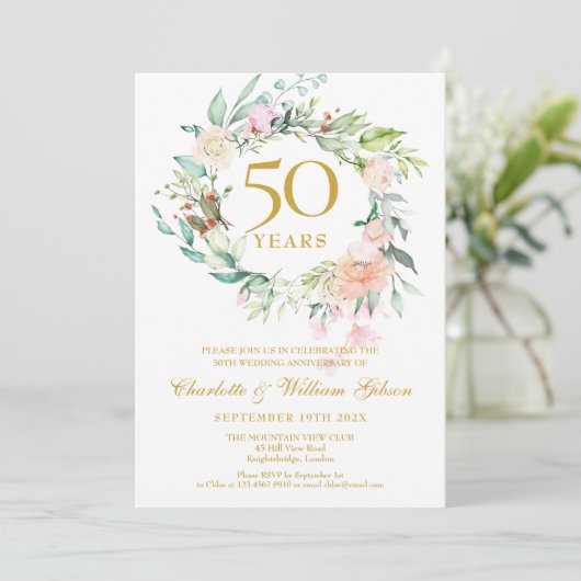 Invitation Couronne florale de photo de mariage 50e anniversa (Debout devant)