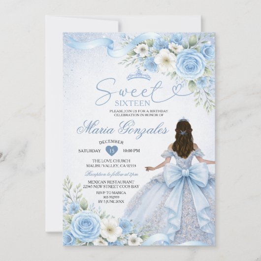 Invitation Couronne florale de princesse à ruban bleu poussié (Devant)