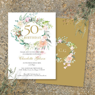 Invitation Couronne florale de roses Monogramme 50e anniversa