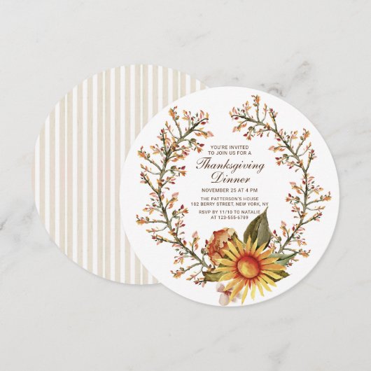 Invitation Couronne florale de tournesol rustique pour le dîn (Devant / Derrière)