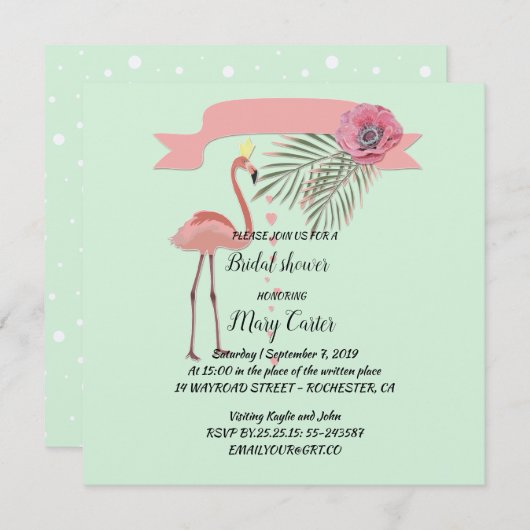 Invitation Couronne florale délicate, flamants roses, (Devant / Derrière)