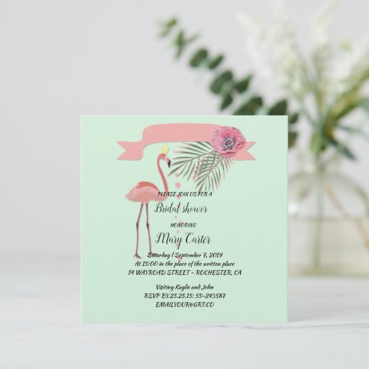 Invitation Couronne florale délicate, flamants roses, (Debout devant)