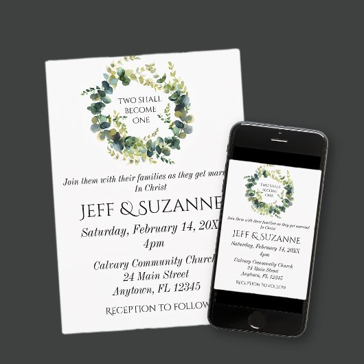 Invitation Couronne florale d'eucalyptus Deux deviendront un