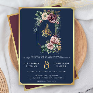 Invitation Couronne florale d'or violet Mariage musulman bleu