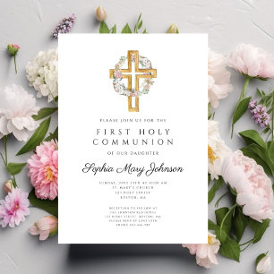 Invitation Couronne florale élégante Croix Première communion