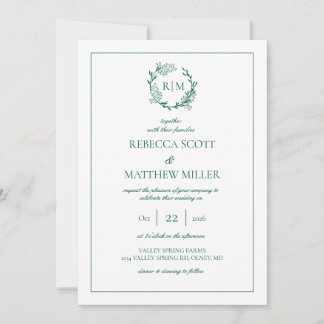 Invitation Couronne Florale Élégante Monogramme Mariage