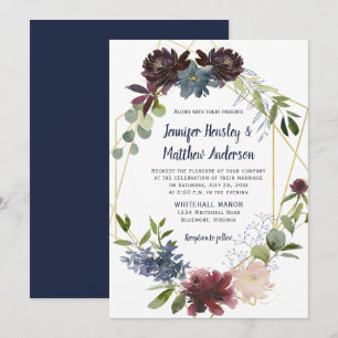 Invitation Couronne florale géométrique Navy Rose Gold Mariag