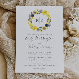 Invitation Couronne florale jaune grise de monogramme Mariage