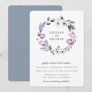 Invitation Couronne florale mariage bleu mauve poussiéreux