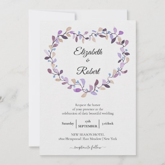 Invitation Couronne florale | Mariage de feuillage rose viole (Devant)