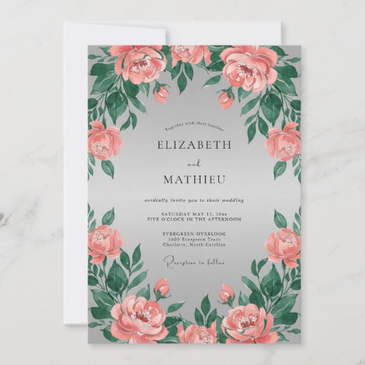 Invitation Couronne florale mariage Rouge corail (Devant)