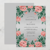 Invitation Couronne florale mariage Rouge corail (Devant / Derrière)