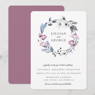 Invitation Couronne florale mauve bleu poussiéreux pour maria