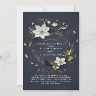 Invitation Couronne florale noire blanche or Fête de fiançail
