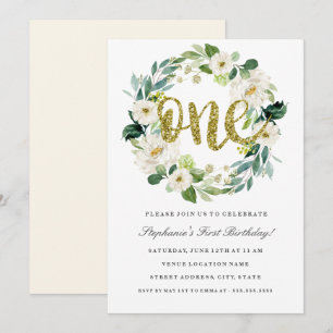 Invitation Couronne Florale Or pour Premier Annive