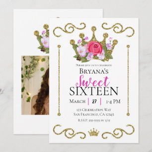 Invitation Couronne florale pailletée or pour fête Sweet 16