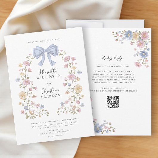 Invitation Couronne florale pastel Code QR Site Web de mariag