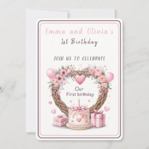 Invitation Couronne florale pastel rose jumelles premier anni