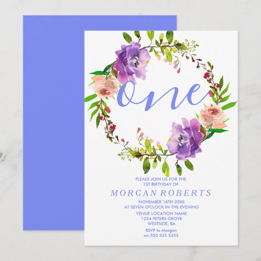 Invitation Couronne florale pourpre 1er anniversaire Invitati (Devant / Derrière)