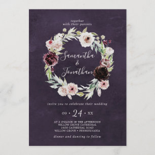 Invitation Couronne Florale Romance   Mariage de prune