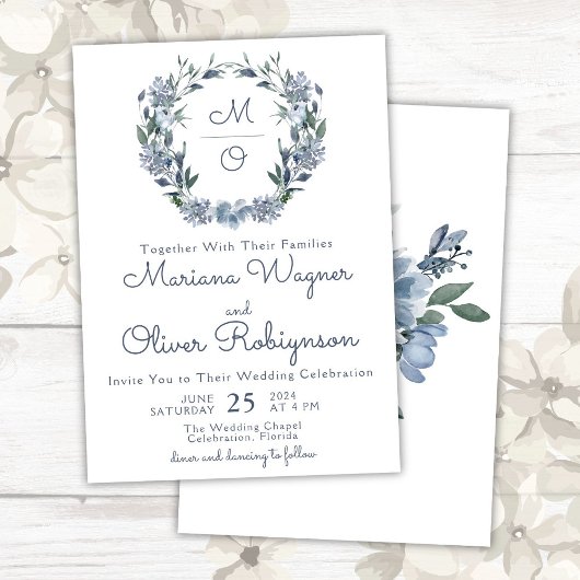 Invitation Couronne florale romantique bleu poussiéreux pour
