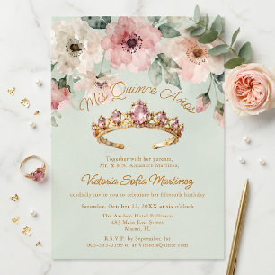 Invitation Couronne florale rose aquarelle dorée Quinceañera
