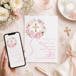 Invitation Couronne florale rose arc ruban fille baptême