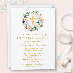 Invitation Couronne florale rose blanc aquarelle Communion Or