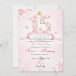 Invitation Couronne florale rose blush espagnole Papillon 15 