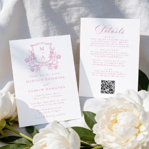 Invitation Couronne Florale Rose Élégante Tout en Un Mariage
