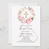 Invitation Couronne florale rose enrubannée croix fille baptê (Devant)