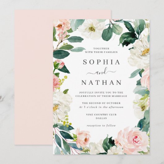 Invitation Couronne florale rose mariage (Devant / Derrière)