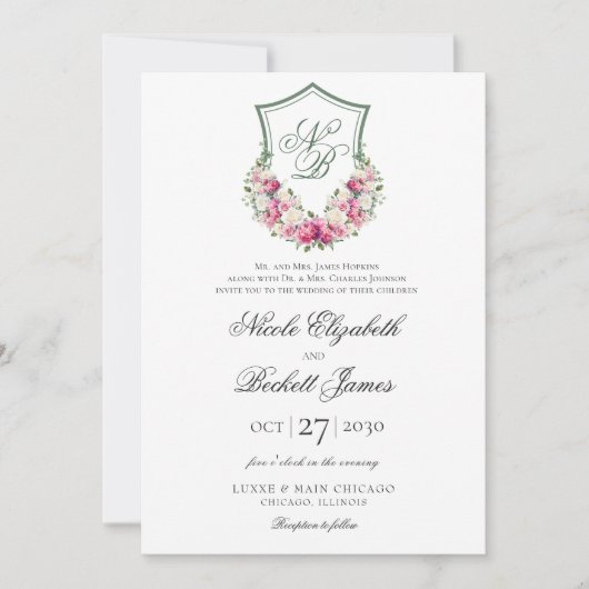 Invitation Couronne florale rose pour mariage (Devant)