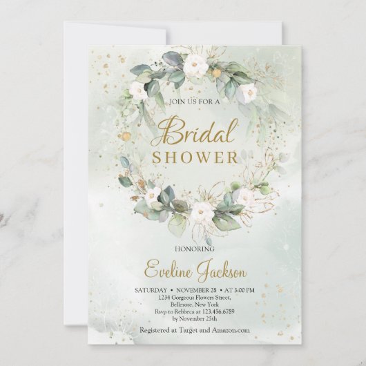 Invitation Couronne florale roses blanches verdure eucalyptus (Devant)