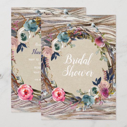 Invitation Couronne florale rustique avec grain de bois pour (Devant / Derrière)