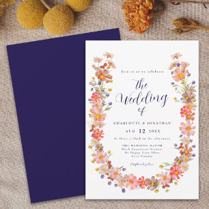 Invitation Couronne florale rustique bohème bleu marine pour