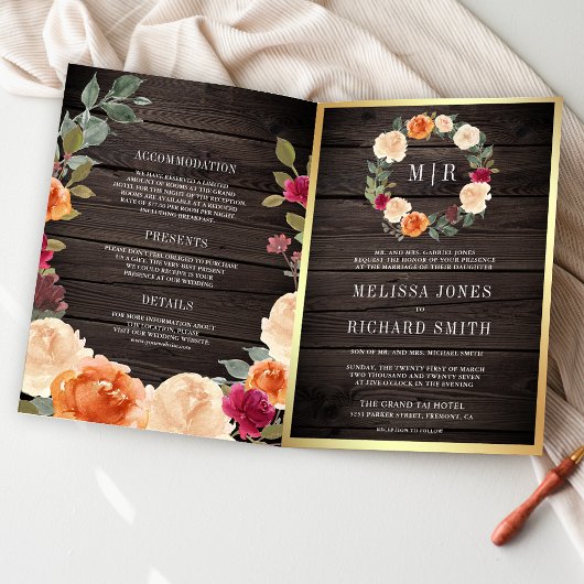 Invitation Couronne florale rustique en bois QR Code mariage
