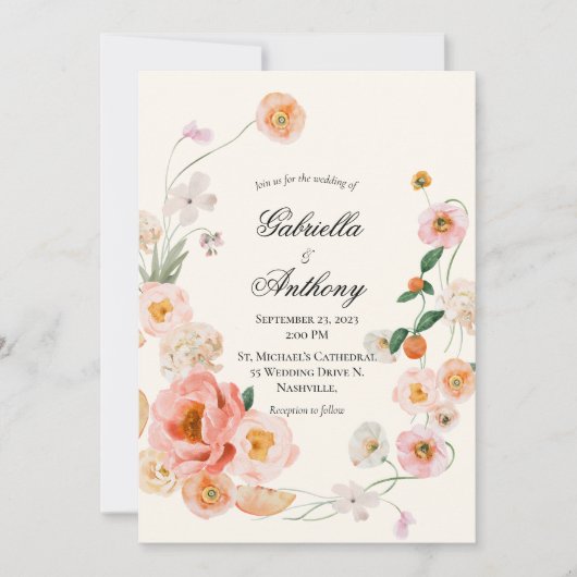 Invitation Couronne Florale Script moderne de mariage Invitat (Devant)