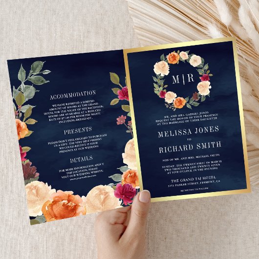 Invitation Couronne florale terreuse QR Code mariage bleu mar